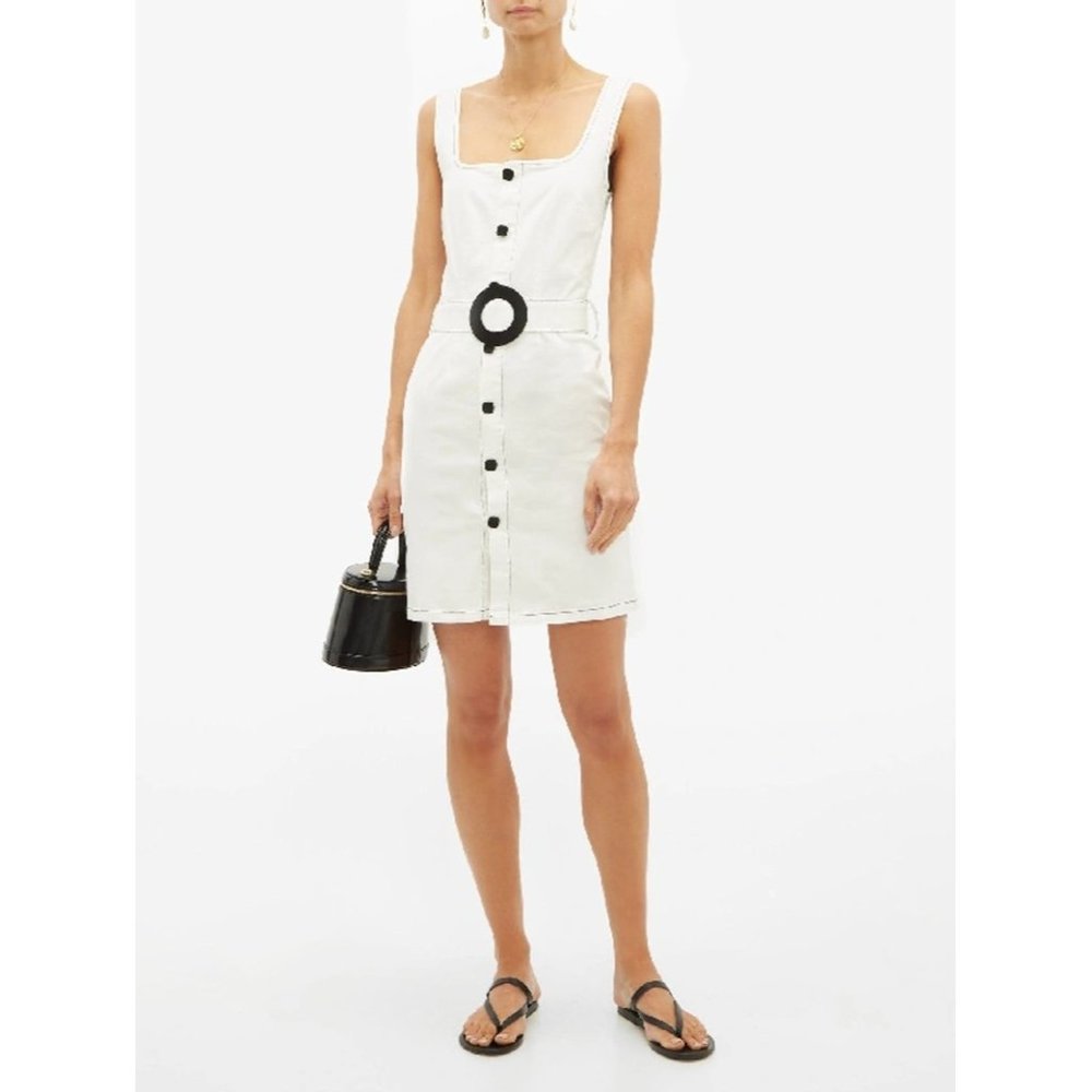 Solid & Striped Belted Button Front Denim Mini Dress in White Size Small S